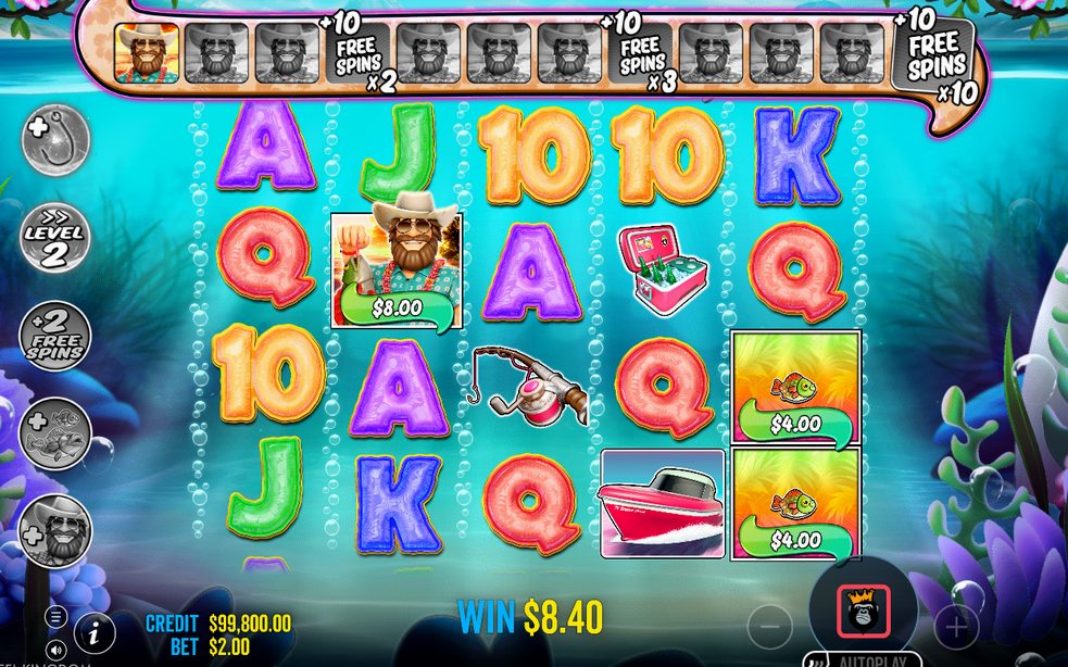 Free Spins round with Wild fisherman collecting fish money
